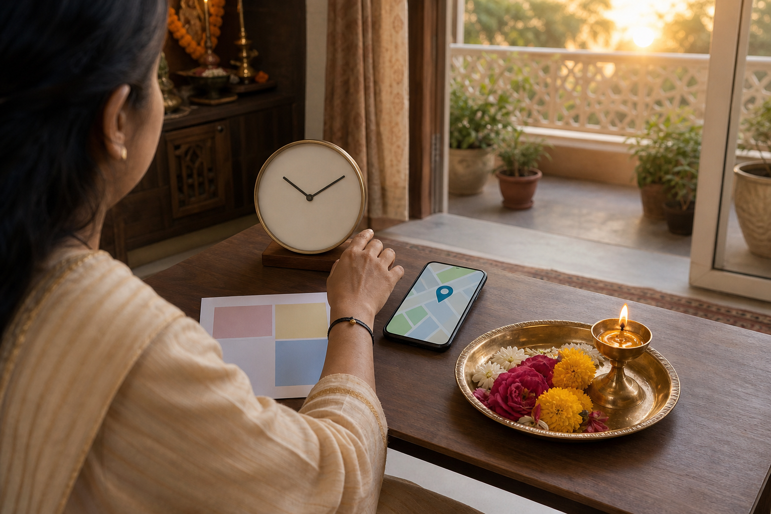A devotee compares an unnumbered clock with an unlabeled location display beside a prepared puja tray in a sunlit home.