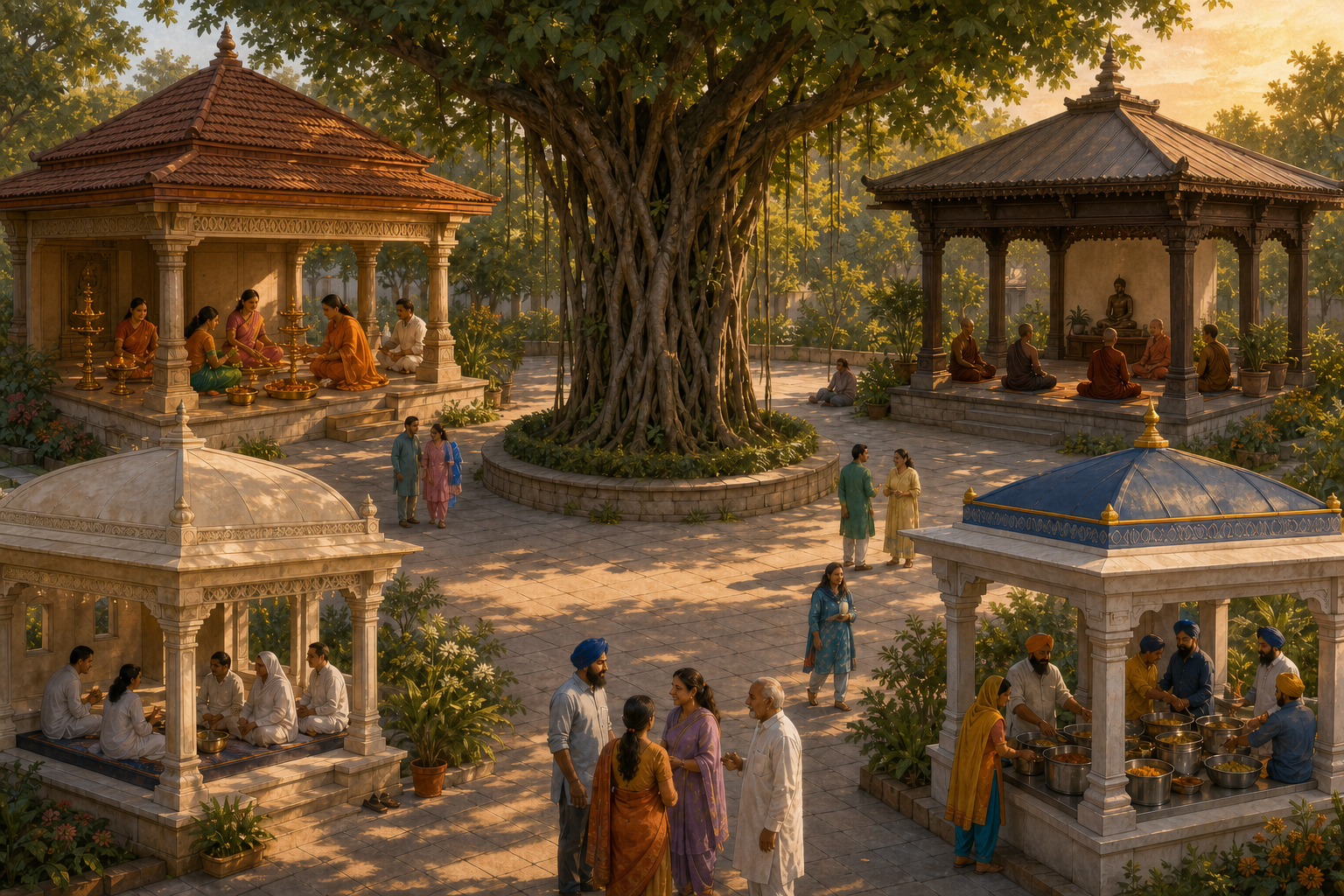 Four distinct community pavilions surround a shared banyan courtyard where people worship, meditate, prepare food, and meet one another.
