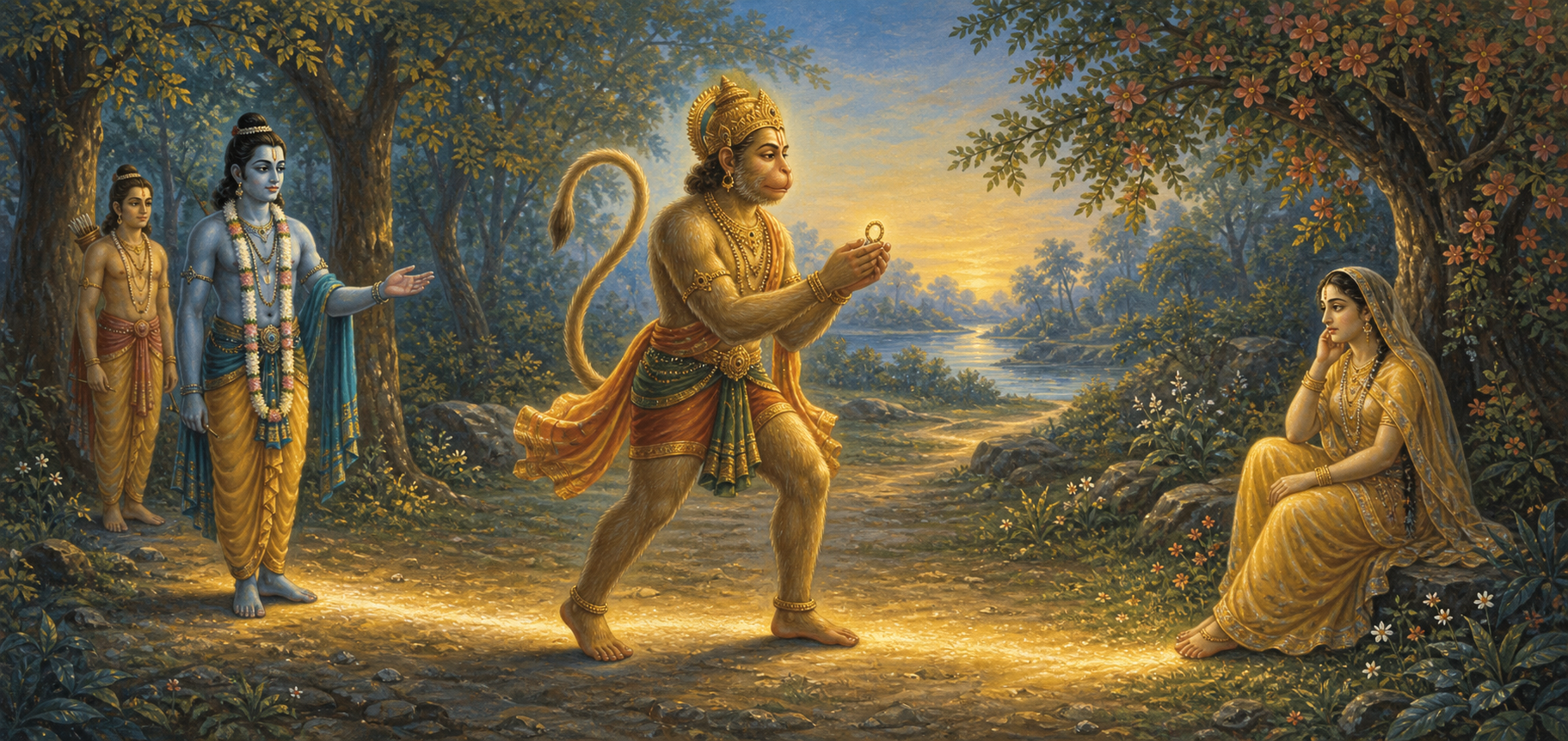 Hanuman carries Rama's signet ring between Rama in the forest and Sita beneath an ashoka tree in a secluded grove.