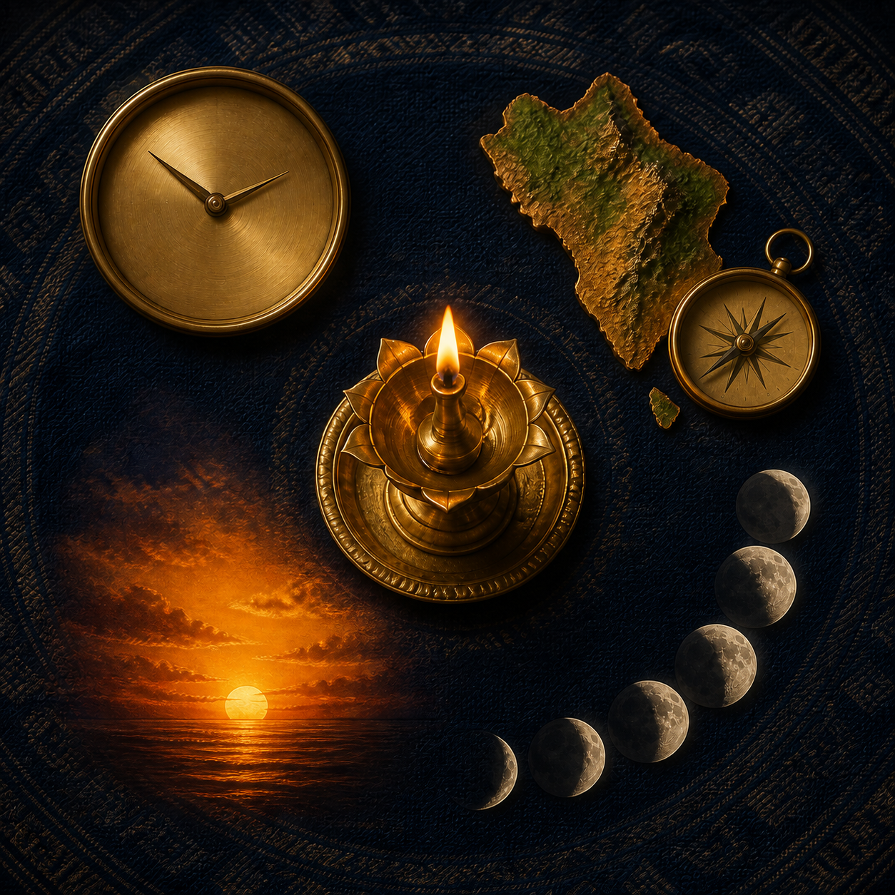 A brass oil lamp surrounded by an unnumbered clock, a compass, a sunrise and a sequence of moon phases on indigo cloth.