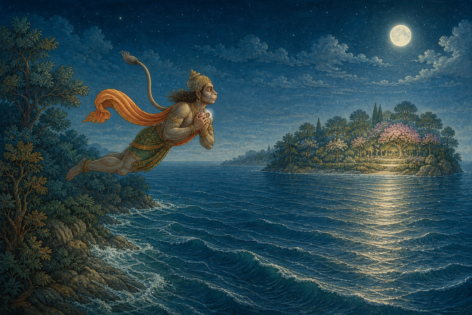 Hanuman flies across a moonlit sea toward a distant island grove while carrying Rama's signet ring close to his heart.