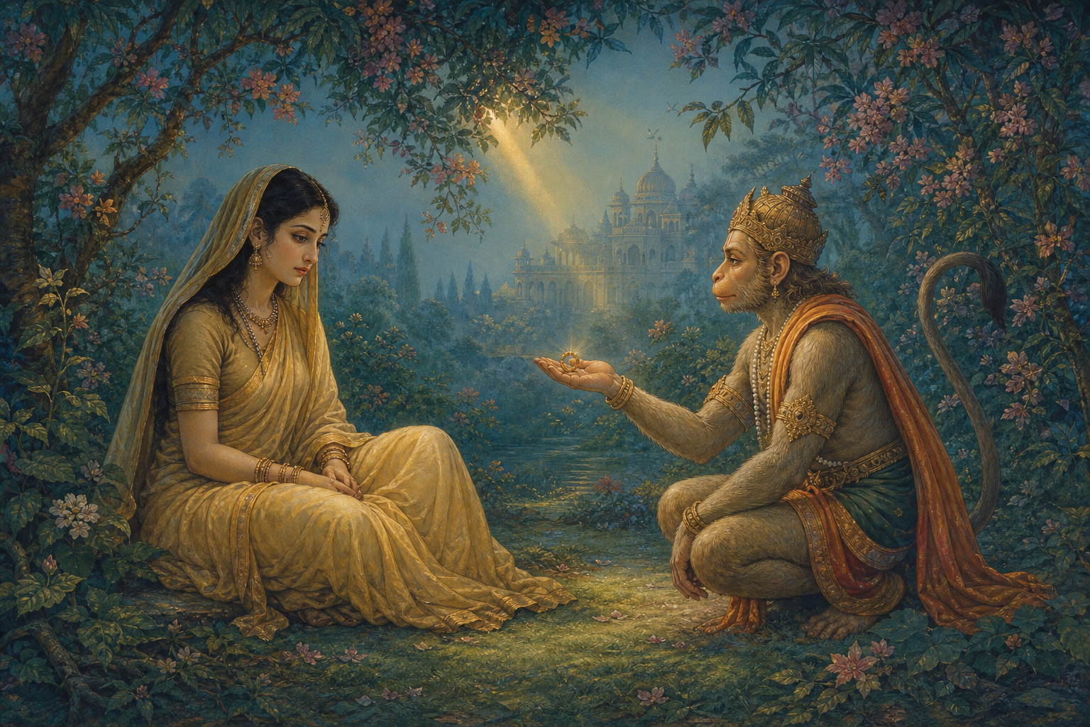 Hanuman kneels at a respectful distance and presents Rama's signet ring to Sita beneath a flowering ashoka tree.