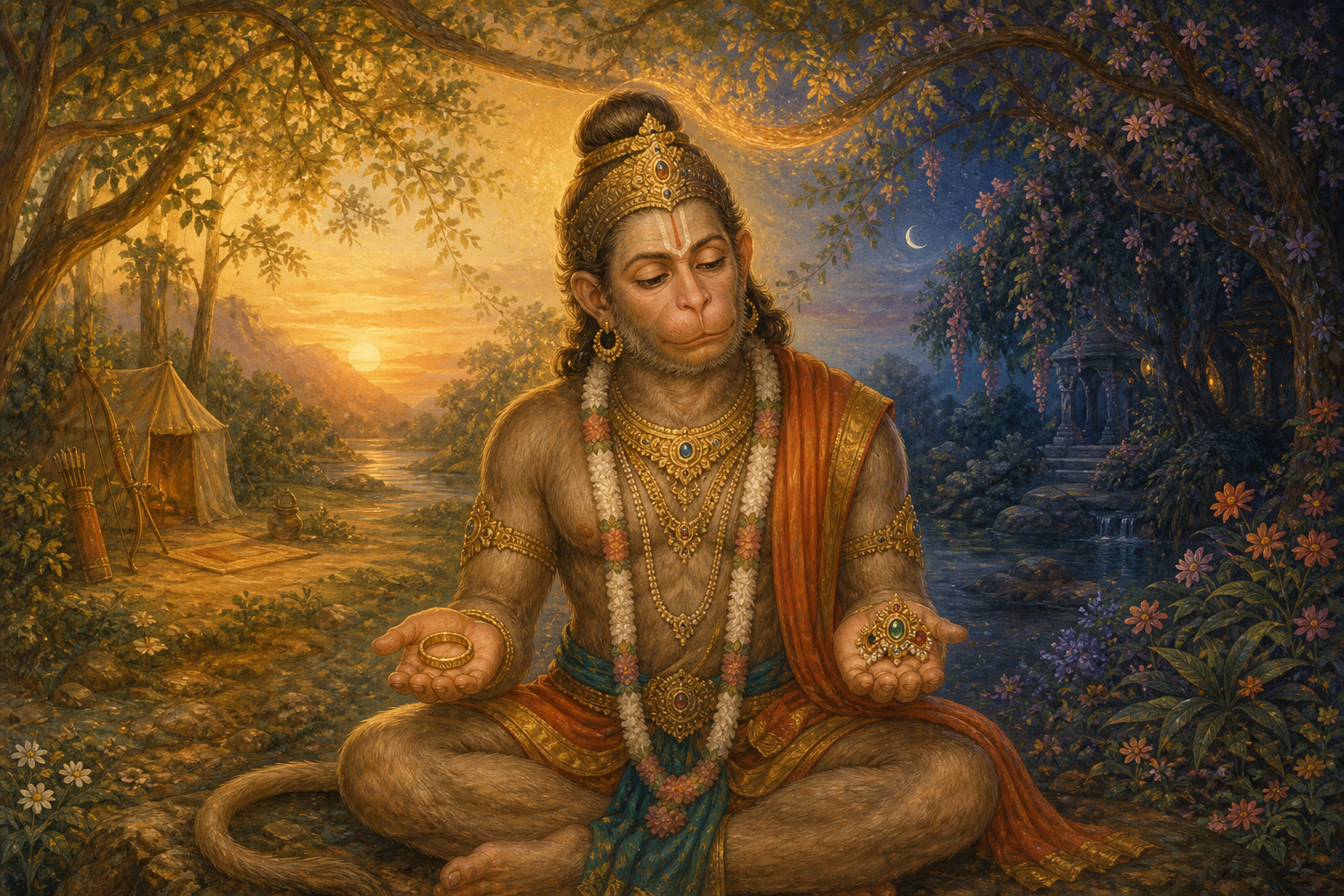 Hanuman sits between a sunrise forest and a twilight grove, holding Rama's ring in one hand and Sita's jeweled ornament in the other.