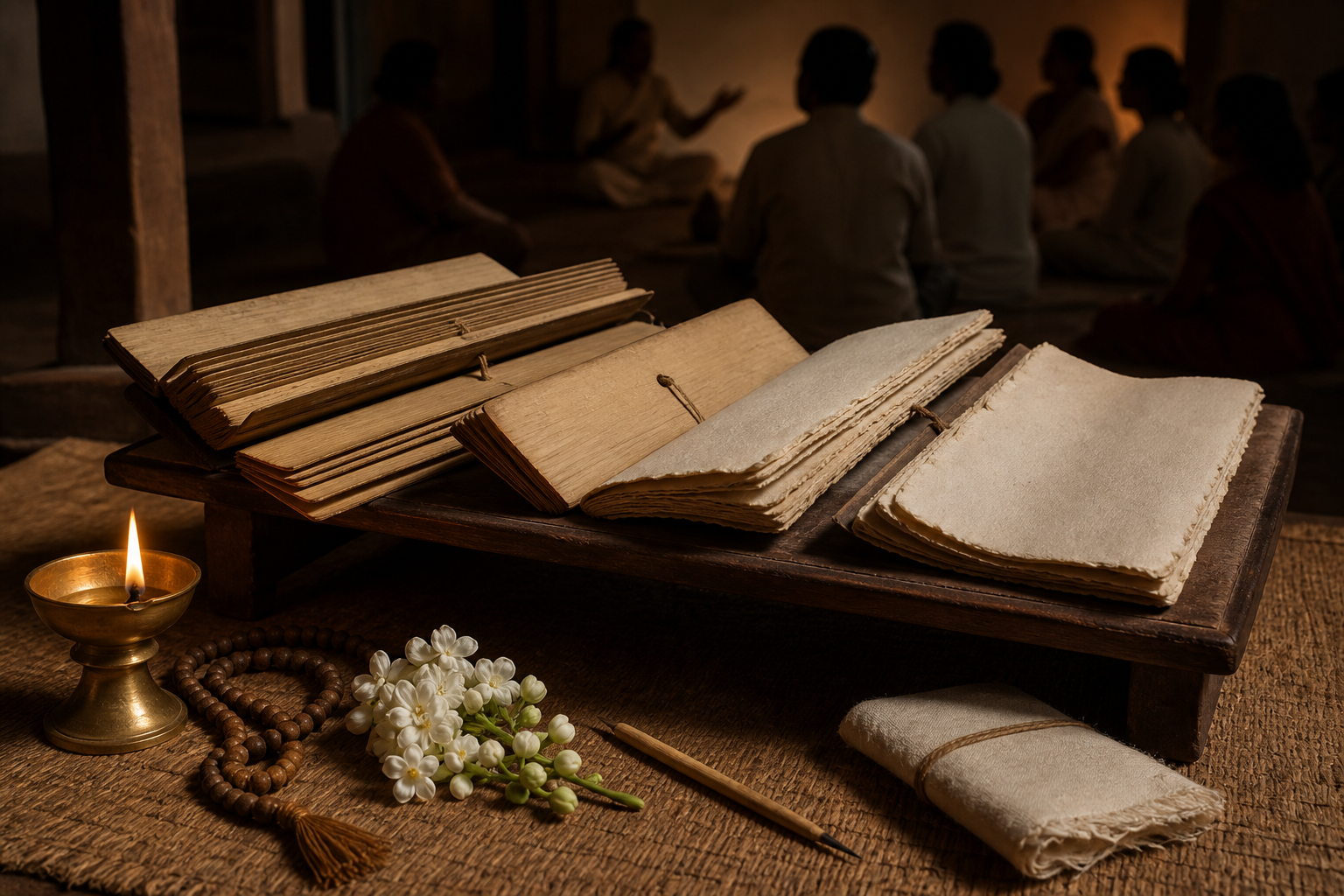 Palm-leaf and handmade-paper manuscripts rest beside an oil lamp, prayer beads, flowers, and a stylus as a storyteller meets listeners in the background.