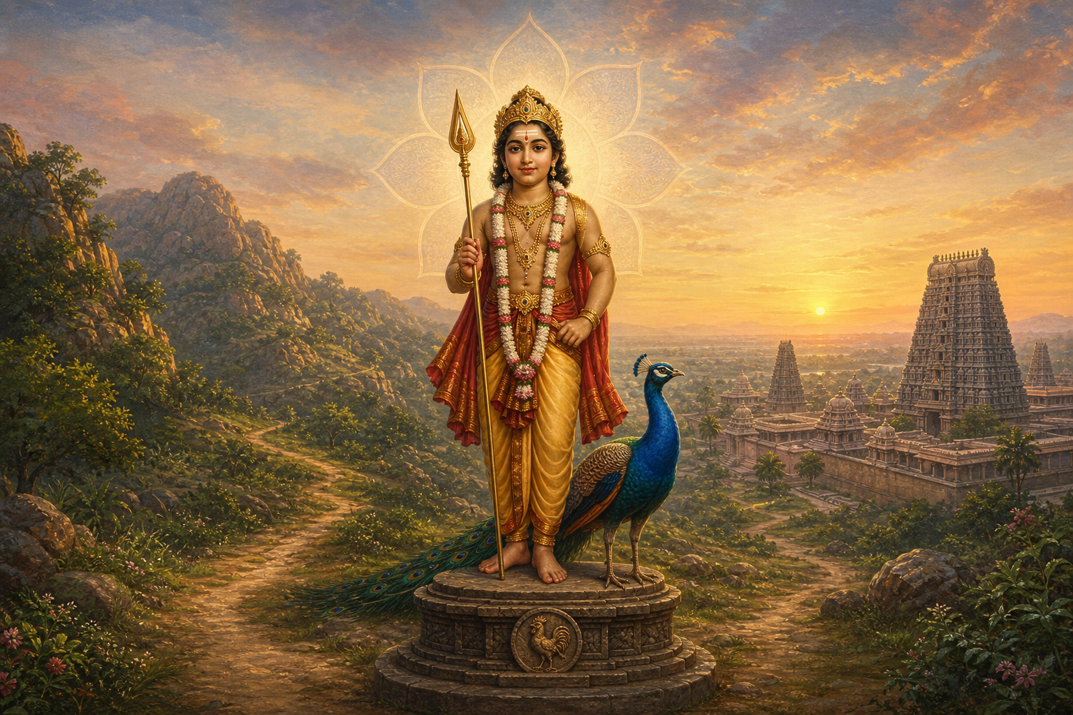 A youthful representation of Skanda-Murugan holds a vel spear beside a peacock, with connected hill and temple landscapes under one dawn sky.