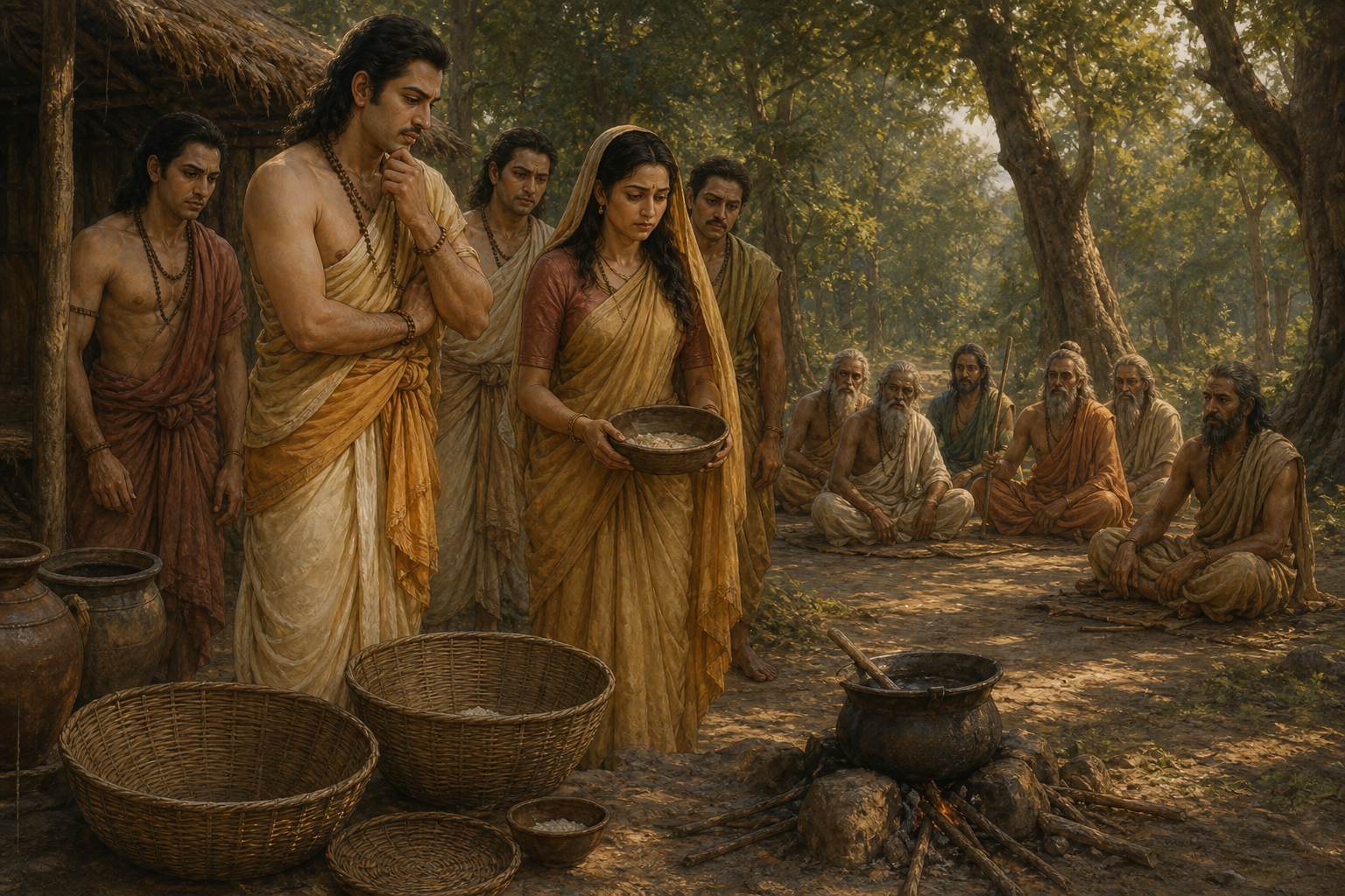 Draupadi and Yudhishthira stand near nearly empty provisions while guests wait at the Pandavas' forest hermitage.