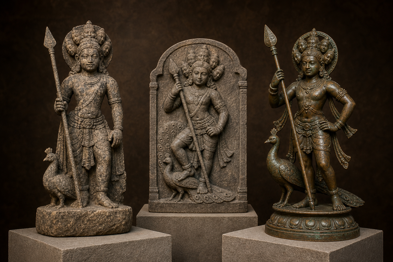Three differently styled sculptures of a youthful warrior deity share recurring features including a spear, peacock imagery, and a sixfold motif.