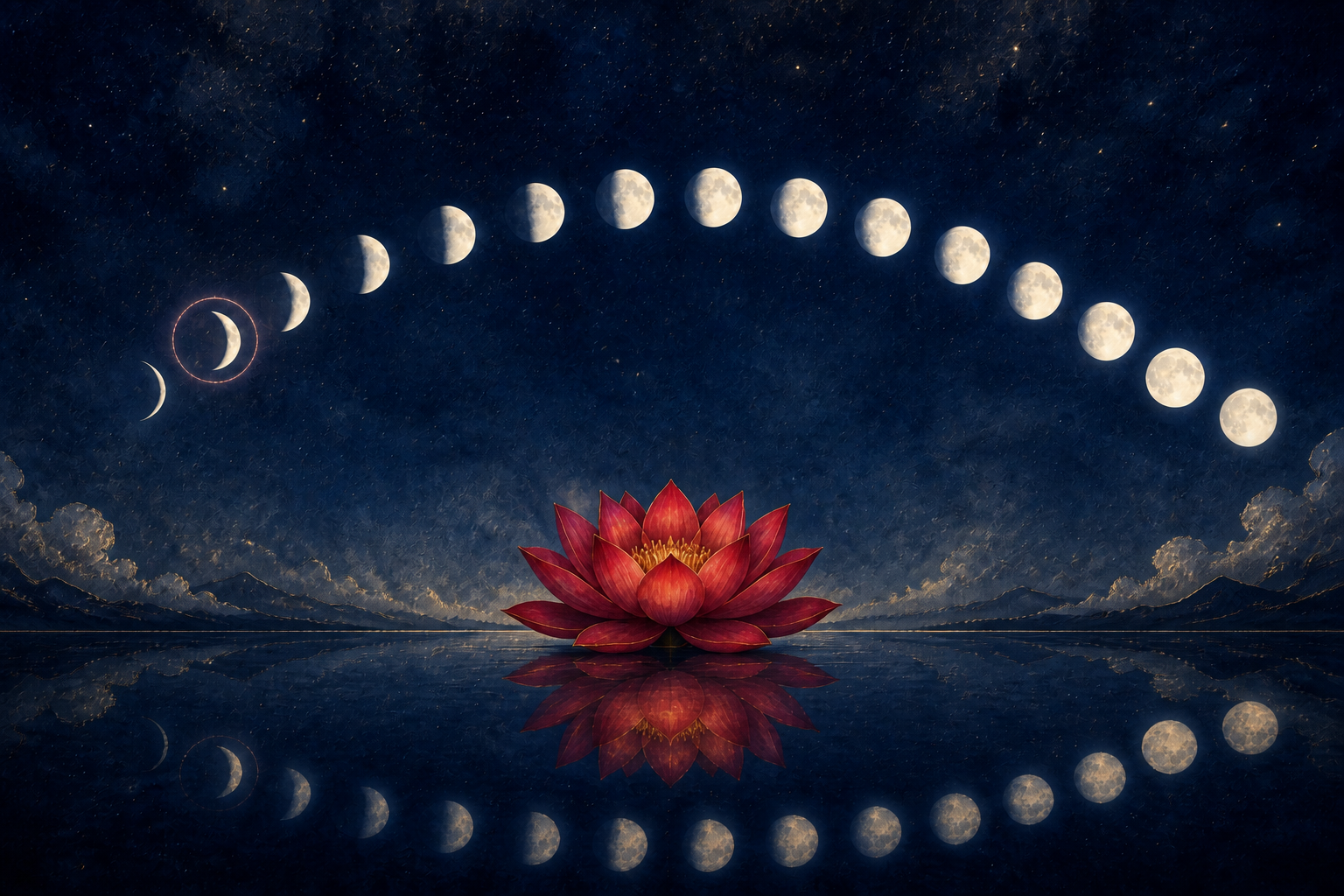 Fifteen pale lunar discs form an arc above a red lotus and still water, with the second disc surrounded by a rose-gold glow.