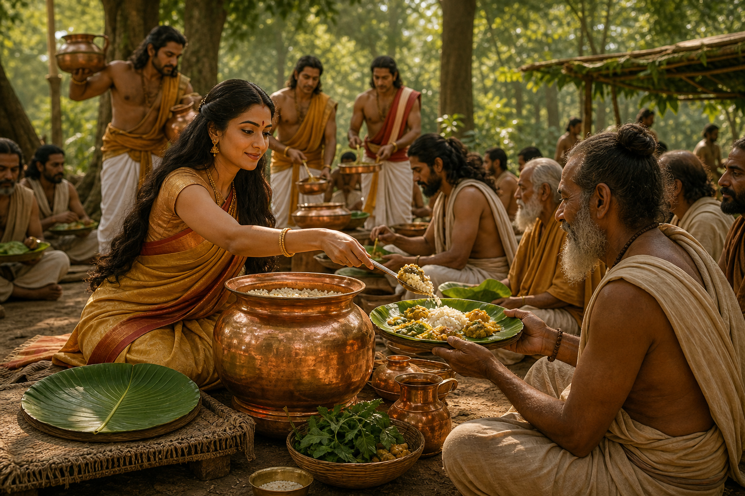 Draupadi serves food from a copper vessel to guests while the Pandavas help at a forest meal and her own leaf plate remains untouched.