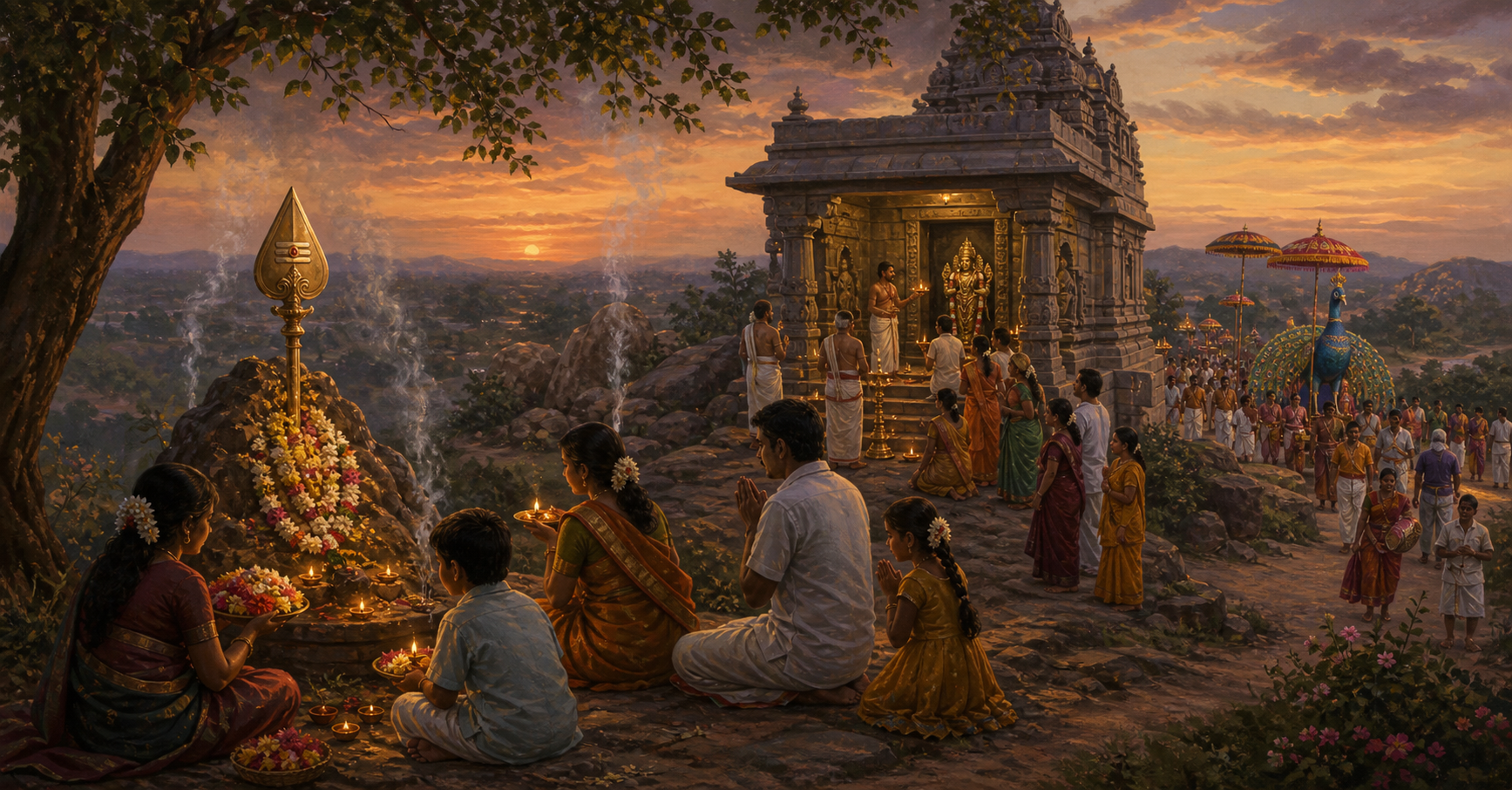 Devotees worship at a hill shrine, inside a stone temple, and in a festival procession across one continuous landscape.
