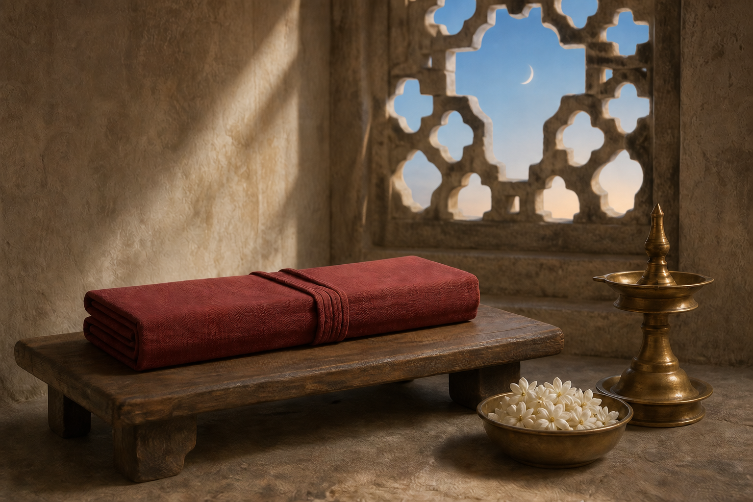 A closed palm-leaf manuscript wrapped in red cloth rests beside a brass lamp and jasmine flowers as crescent light enters through a stone window.