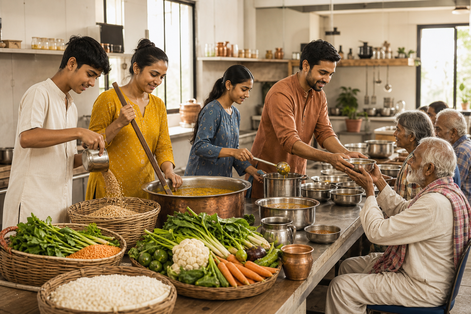 Volunteers prepare and serve meals from large vessels in a clean community kitchen.