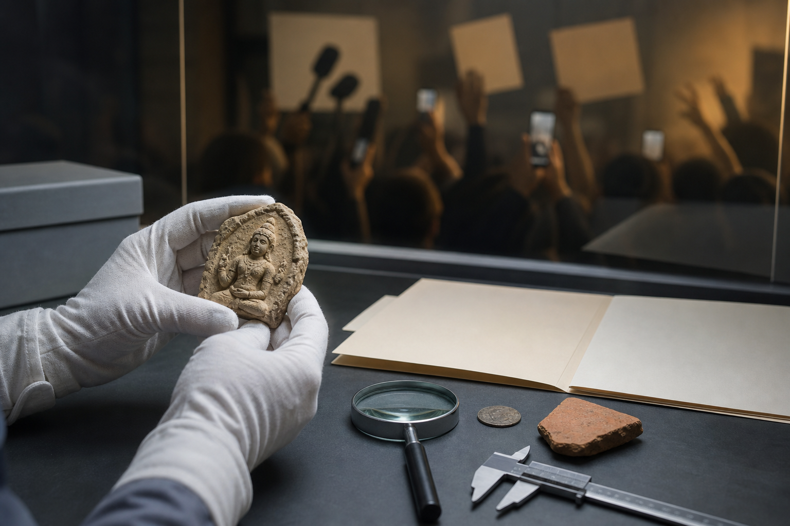 Gloved hands examine an ancient relief and artifacts while blurred microphones, phones, and blank placards appear beyond a glass partition.