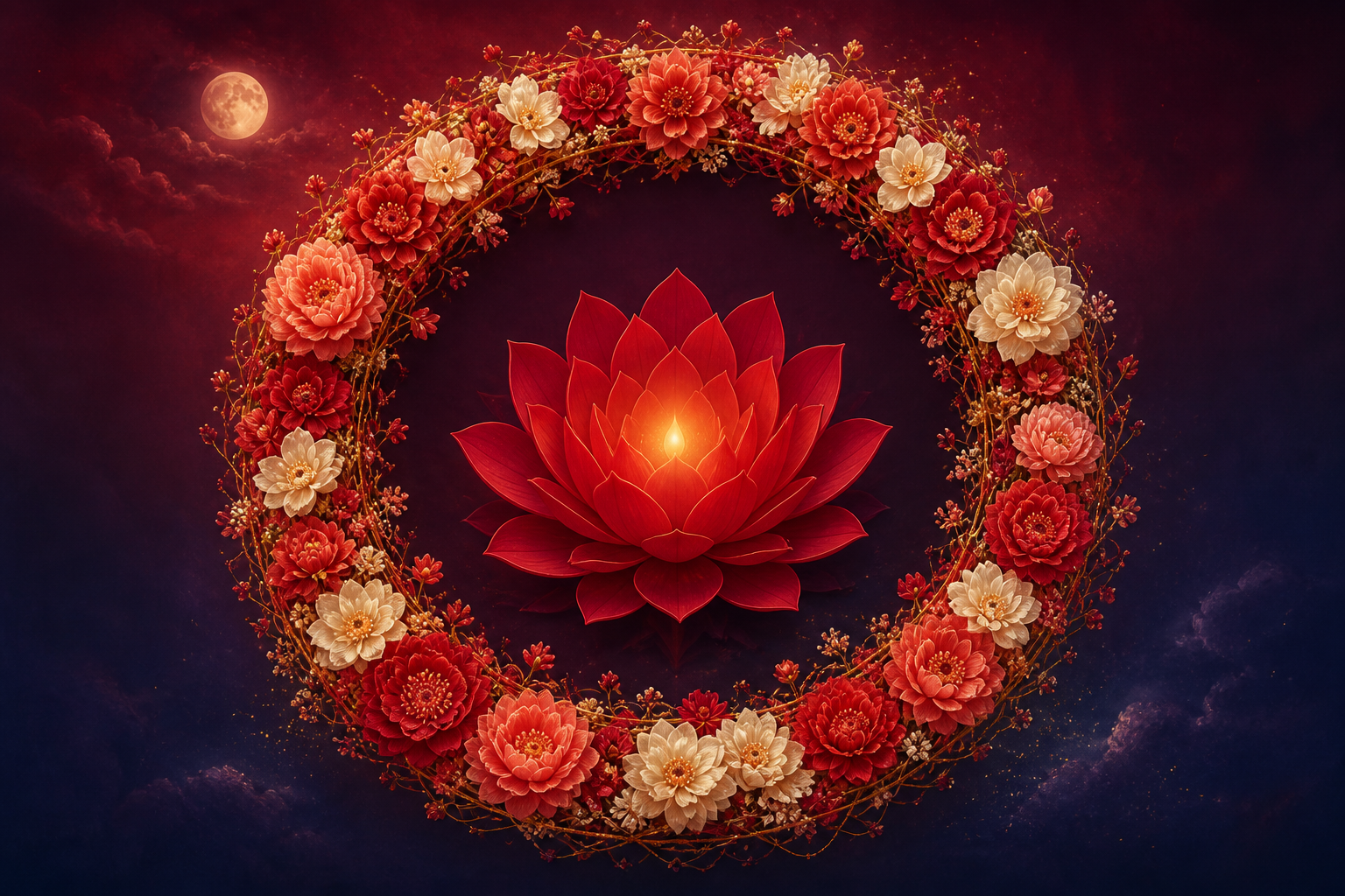 A circular garland of red and ivory flowers surrounds a radiant lotus, with fine golden threads connecting the blossoms.
