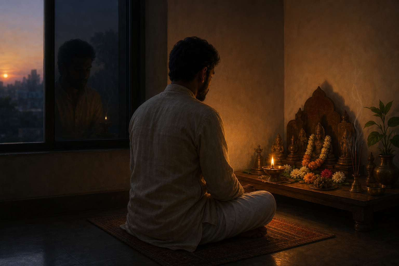 A seated practitioner faces a flower-decorated home shrine at dawn, with one bright oil lamp on the altar and another nearly extinguished beside a dark window.