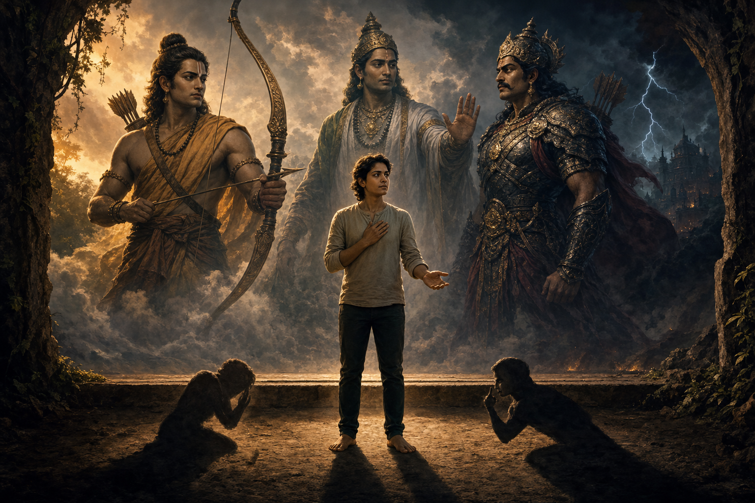 A contemporary figure faces an inner shadow while a forest vision of Lakshmana, Indrajit, and Vibhishana appears behind them.