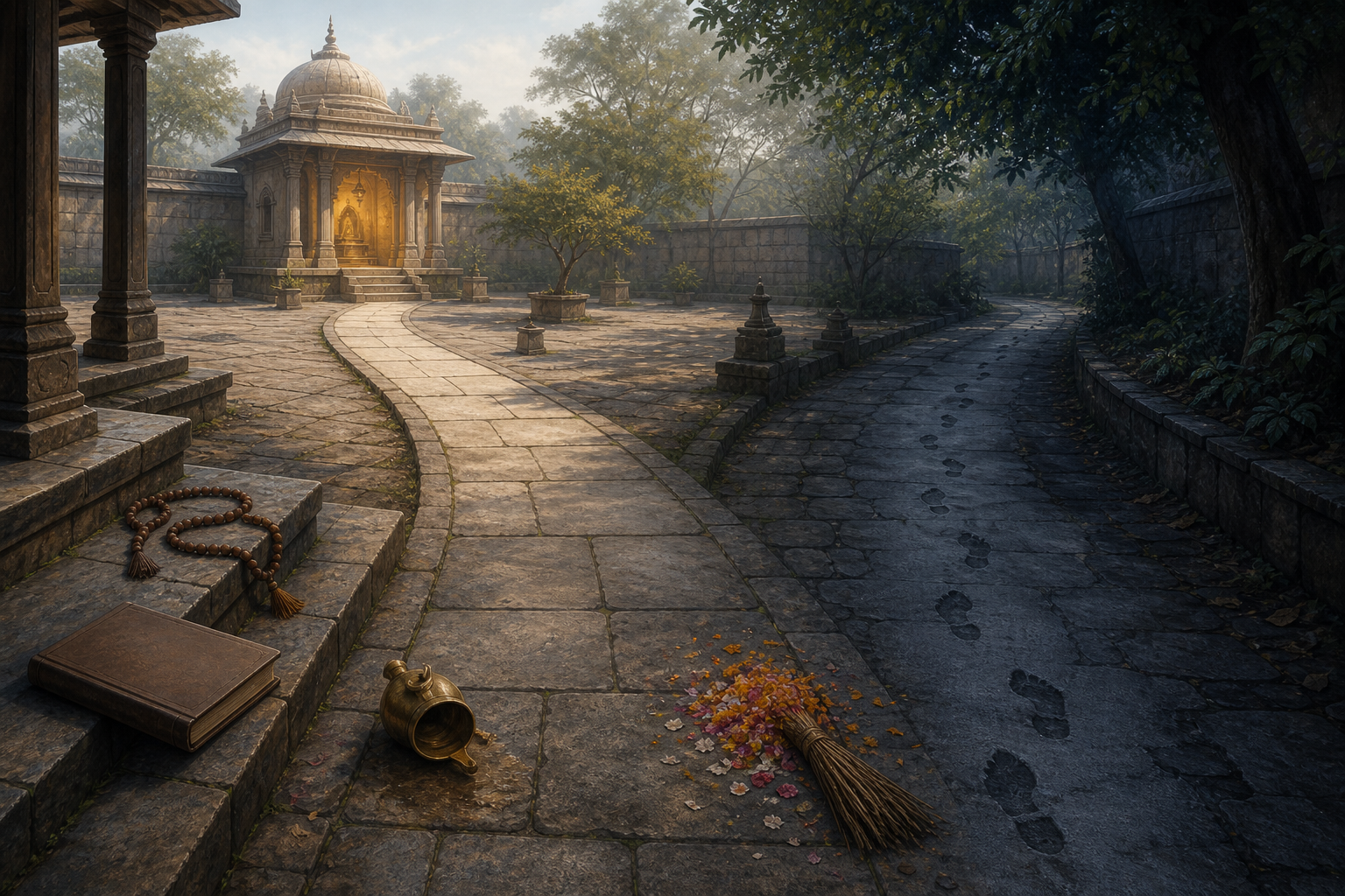 A temple courtyard path curves away from a lit sanctuary past an overturned lamp, abandoned prayer beads, a closed book, scattered petals, and footprints entering the shade.