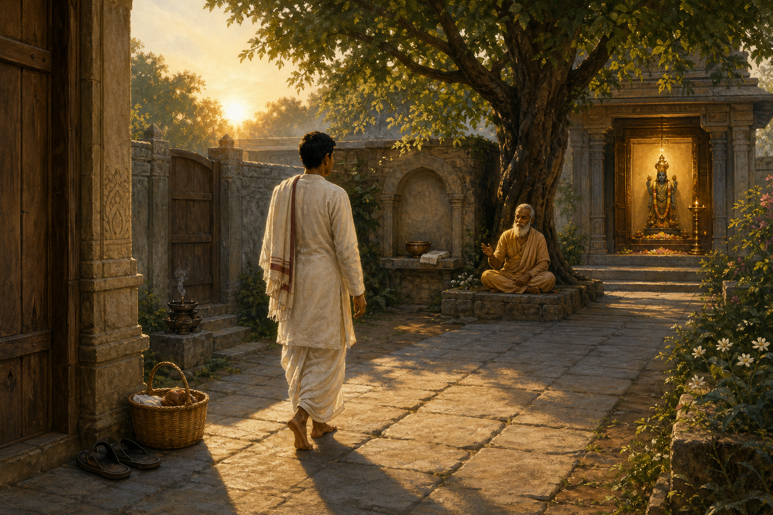 A practitioner follows a stone path through a temple courtyard past household items, a quiet alcove, and a seated teacher toward a lit Vishnu altar.