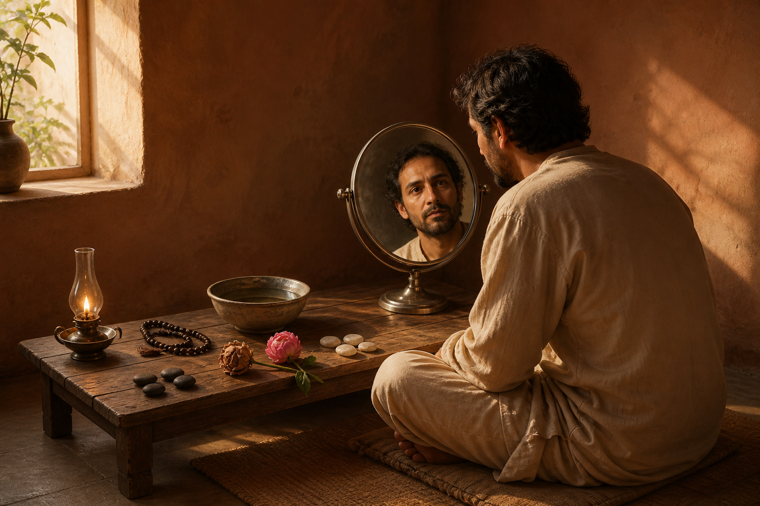 A practitioner sits beside a low table and studies their reflection in a round metal mirror, surrounded by a lamp, prayer beads, water, flowers, and grouped stones.