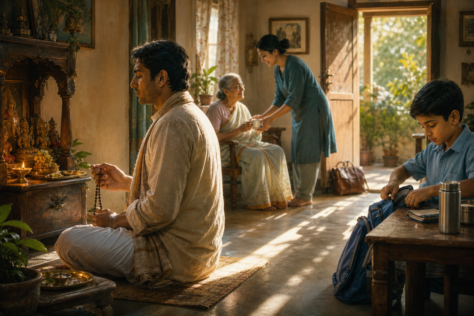 An adult prays beside a home altar while a child prepares nearby, an older relative receives tea, and a work bag waits by the door.