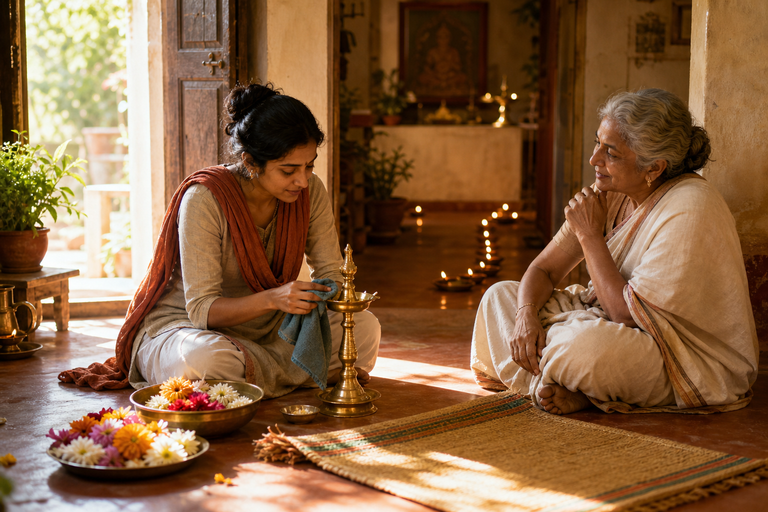 A practitioner cleans a brass lamp and refreshes a home prayer space while an older mentor sits nearby, with morning light and a row of small burning lamps in the background.