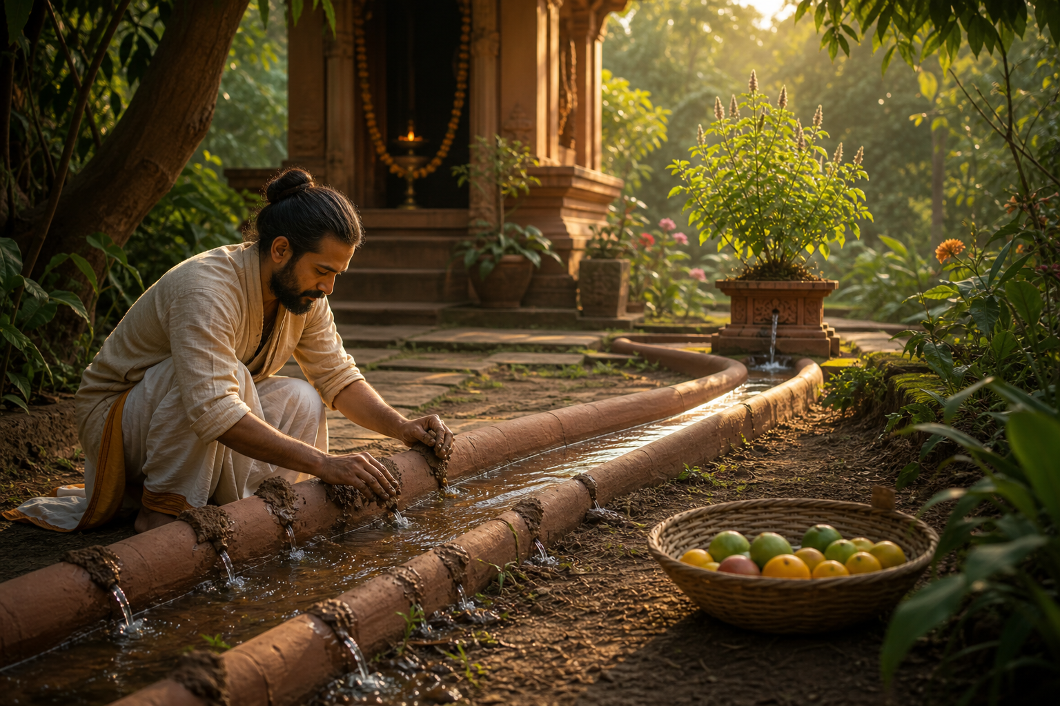A practitioner seals cracks in a clay water channel so a steady stream reaches a tulsi plant, while a basket of ripe and unripe fruit sits aside.