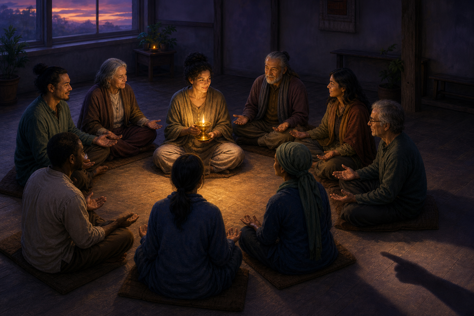 A seated circle of practitioners shares the light of a brass lamp while a pointed shadow falls harmlessly at the edge of the room.