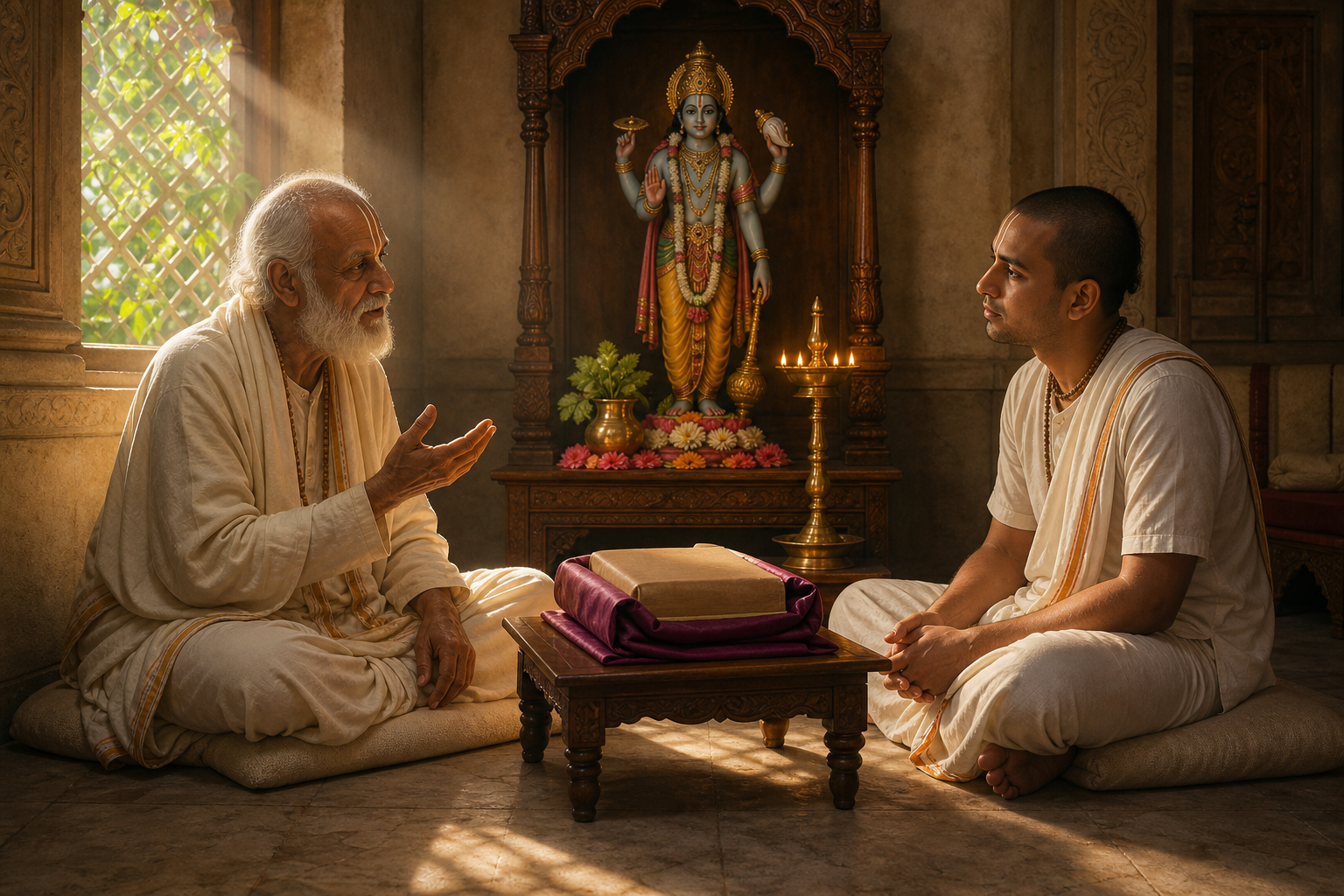An elderly Vaishnava teacher speaks with a younger practitioner beside a covered sacred book and a flower-decorated Vishnu altar.