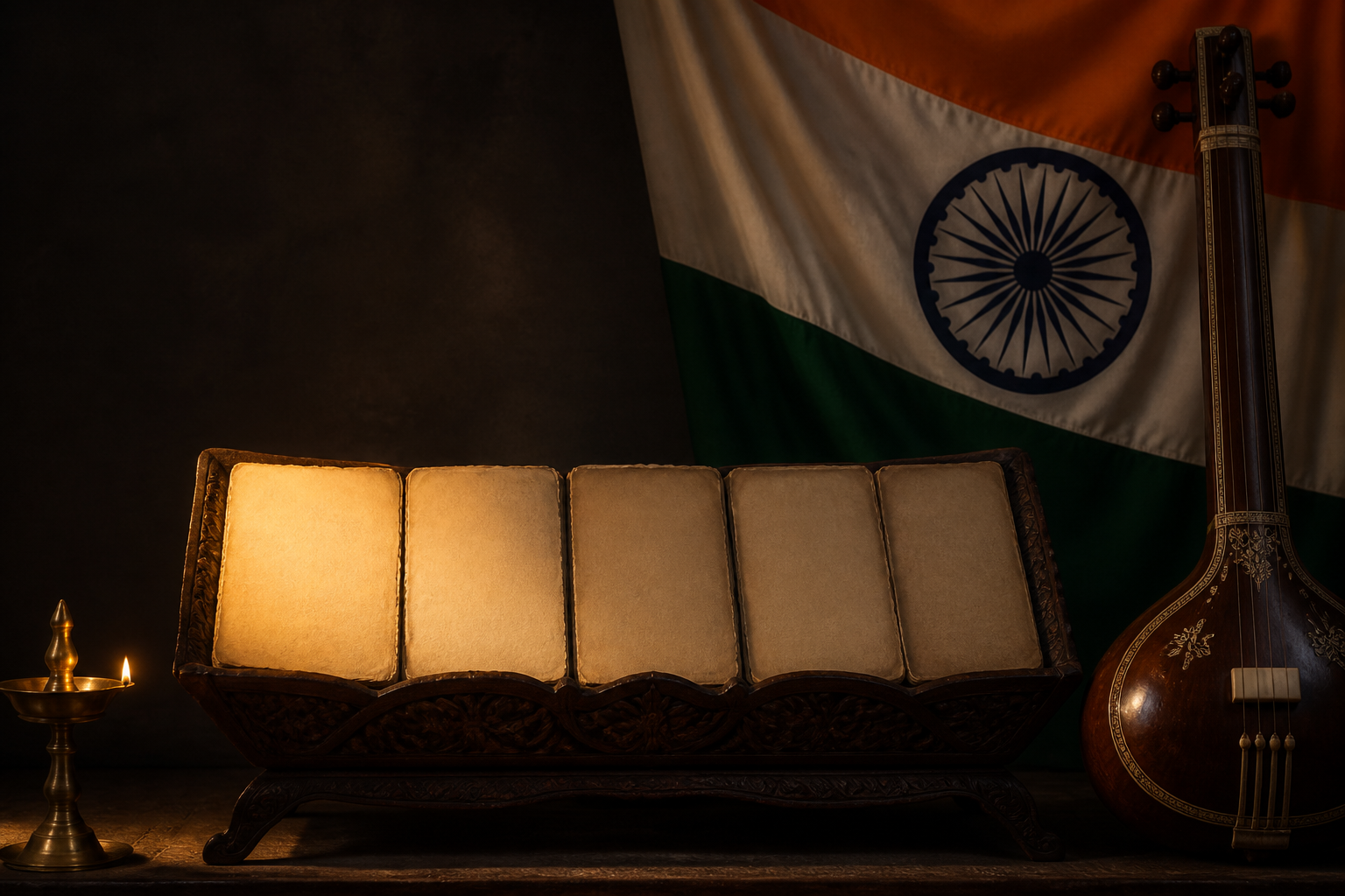 An open heritage manuscript with five visible leaves, two illuminated more brightly than the others, beside an Indian tricolor, a tanpura, and a brass lamp.
