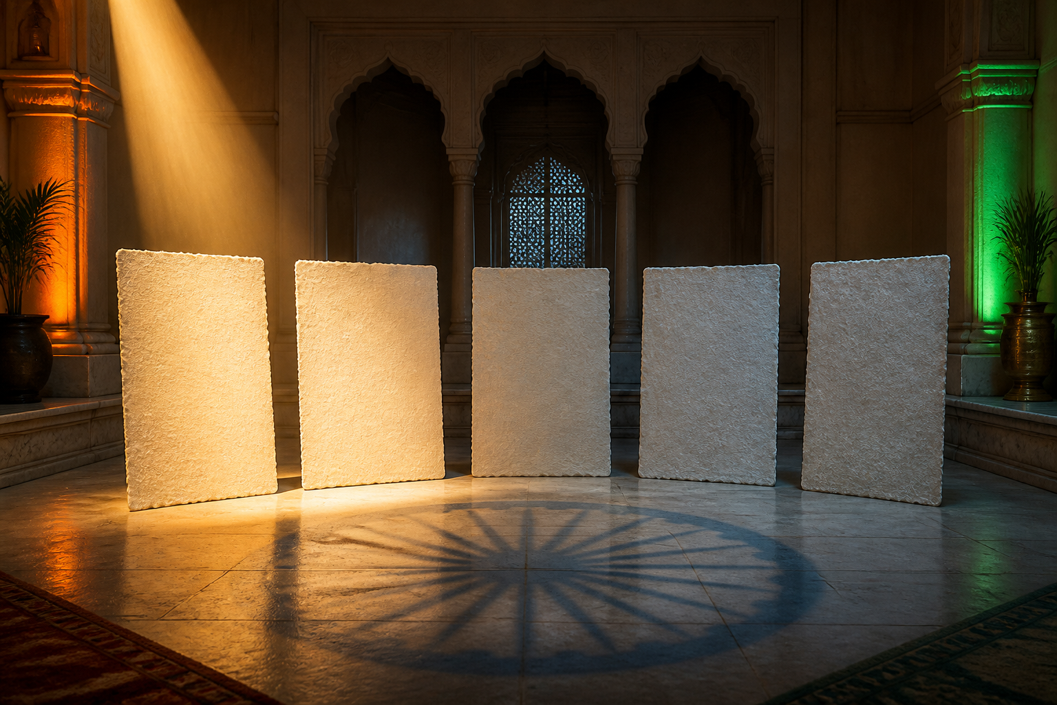 Five blank handmade-paper panels stand in an arc, with two in warm light and three in cooler shadow.