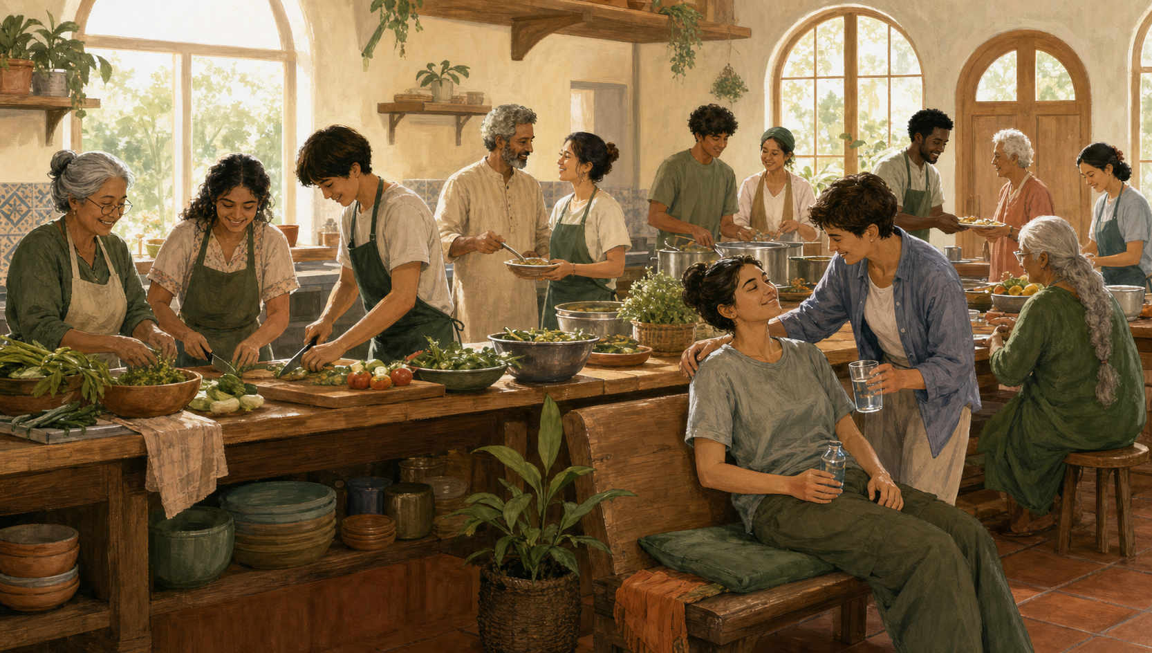 Volunteers share tasks in a community kitchen while one person rests and receives supportive attention from a companion.