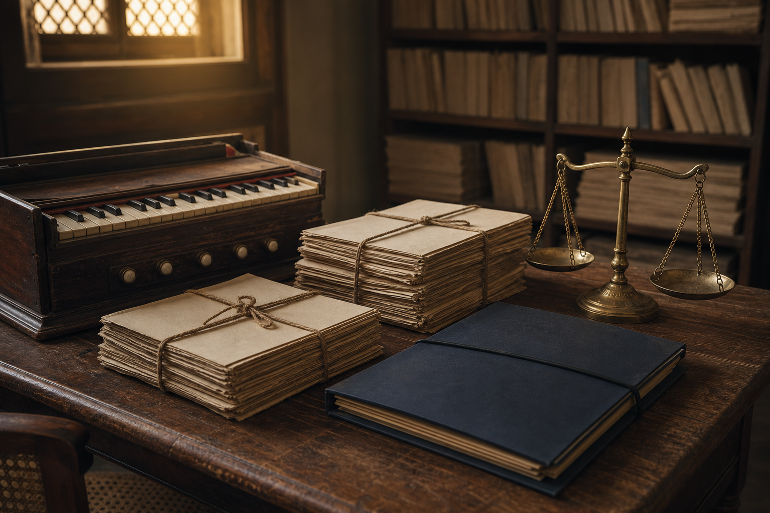 An archival desk holds a harmonium, tied paper bundles, an unmarked legal folder, and a balanced brass scale.