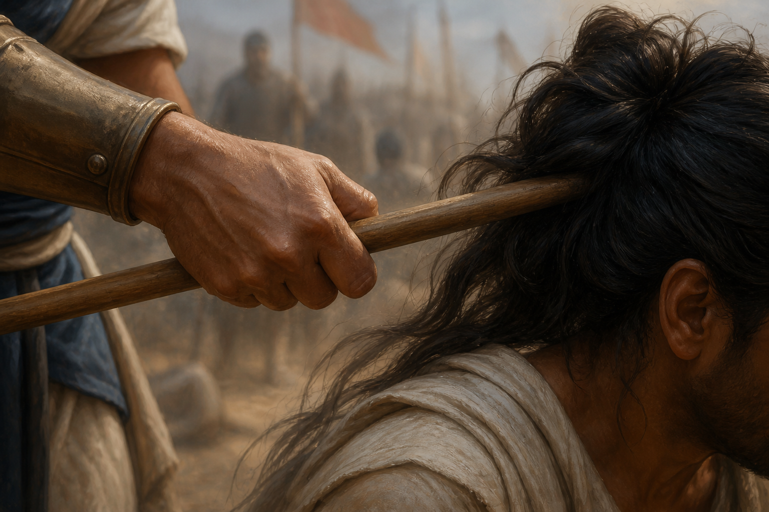 Close view of a warrior holding a wooden capture implement whose gripping end is concealed within an opponent's tied hair.