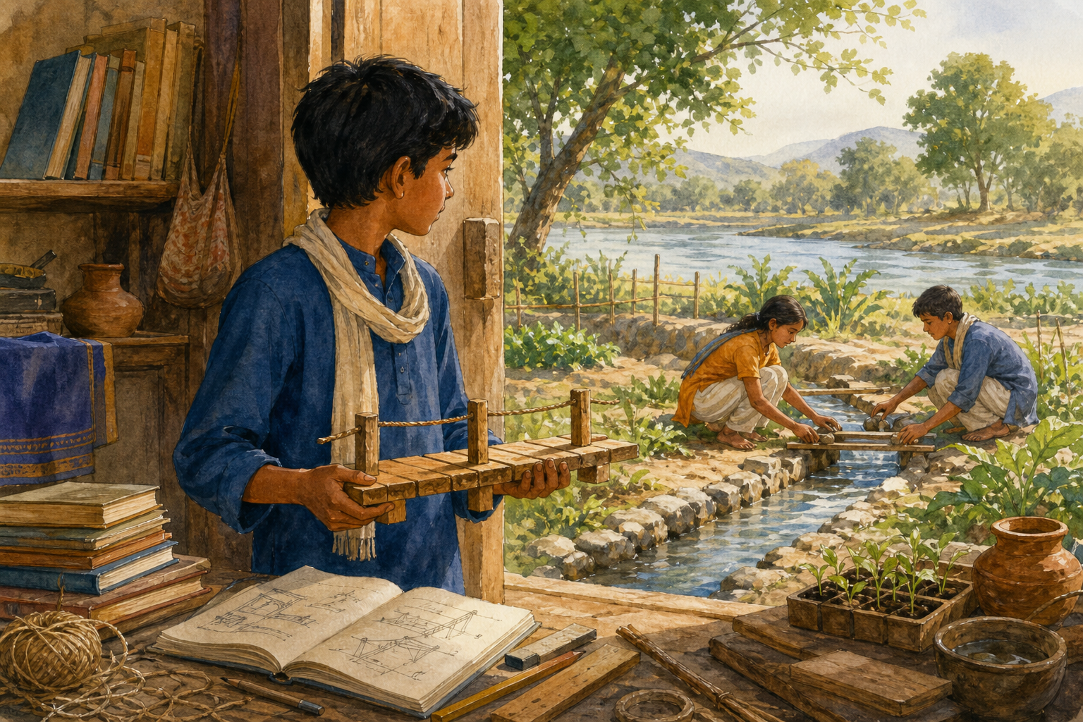 A child leaves a study space to join two classmates solving a practical water-channel task beside a river garden.