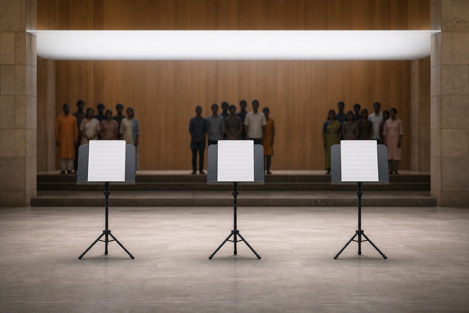 Three identical music stands with blank sheets are evenly lit before three equally placed groups of anonymous citizens.