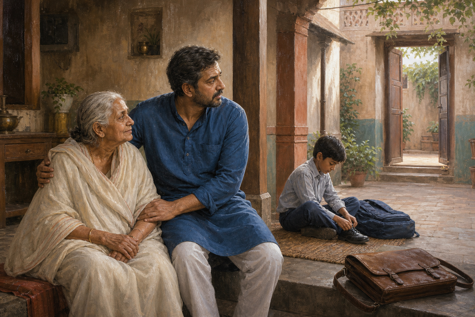 An adult assists an elderly parent in a courtyard while a child and a work satchel indicate other real responsibilities.