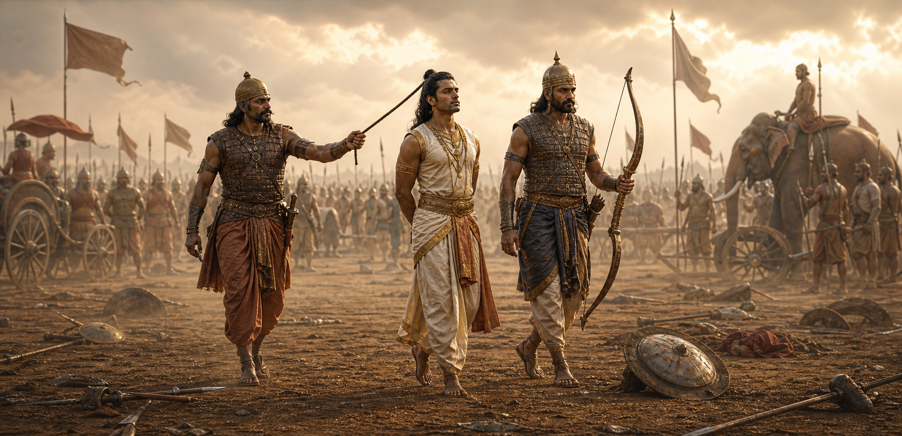 Two ancient Indian warriors escort a disarmed captive from a battlefield using a hair-seizing restraint and carrying his surrendered bow.