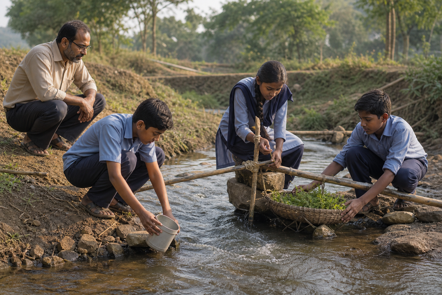 Three students test a handmade way to carry seedlings across a shallow stream while a teacher observes.