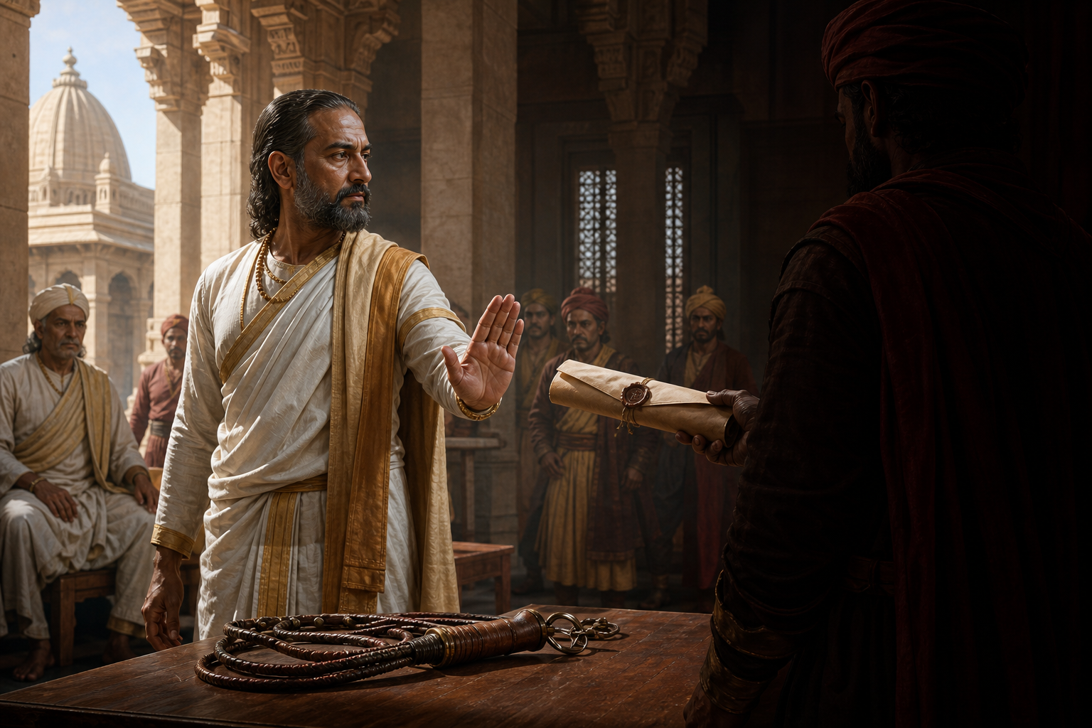 A court minister pauses before an unjust instrument of punishment while receiving an unreadable sealed order from an authority figure.