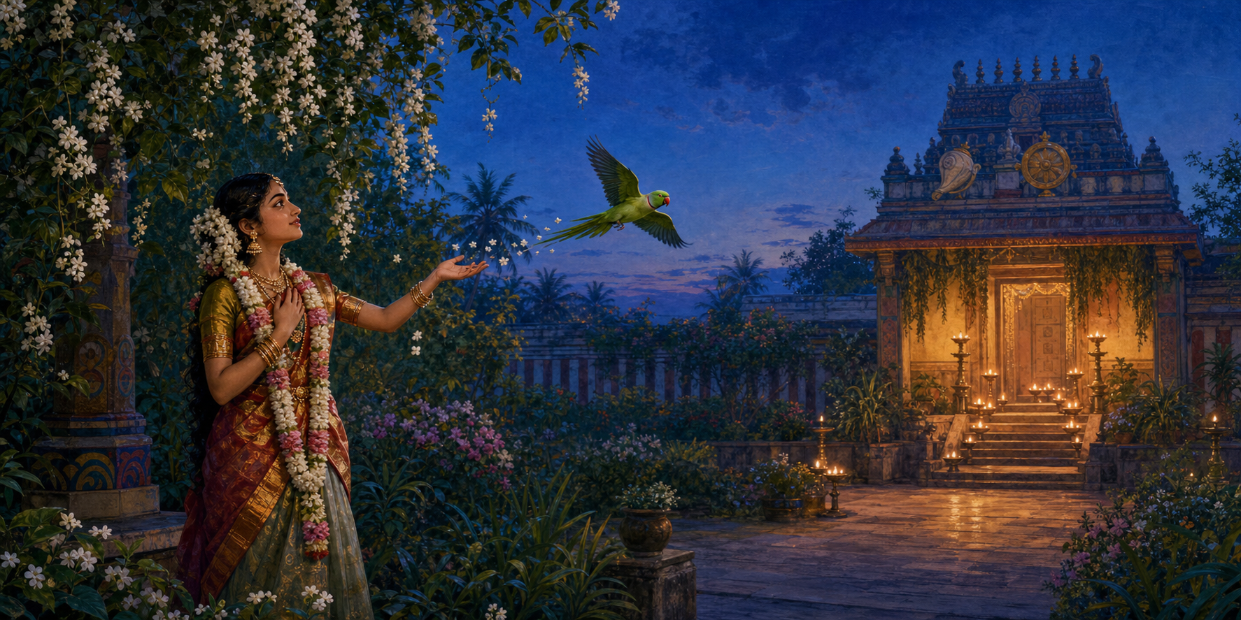 Andal releases a green parrot across a jasmine garden toward a distant, lamp-lit Vishnu temple.
