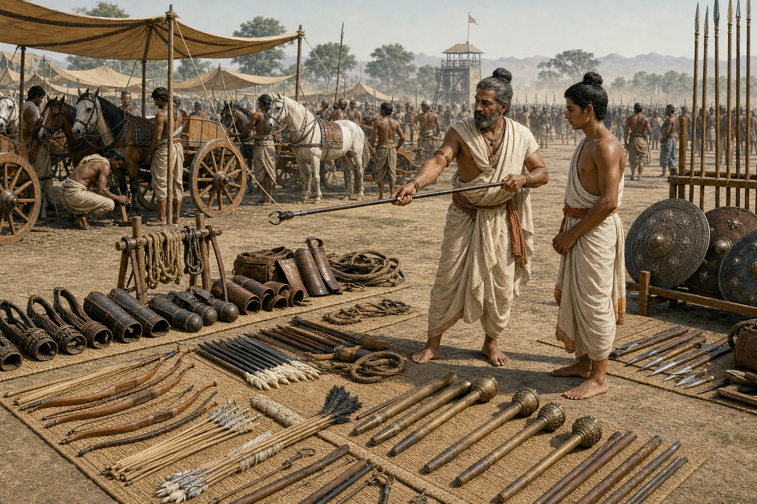 Warriors and attendants examine specialized weapons, restraints, shields, and archery equipment in an organized ancient Indian military camp.