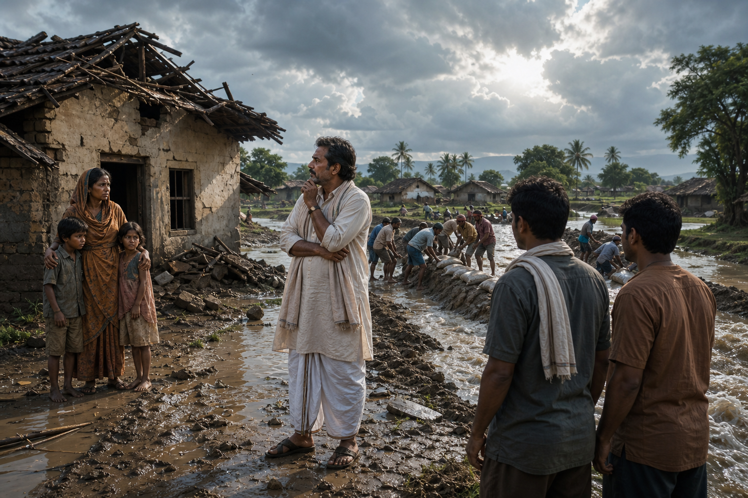 A village leader weighs helping a family at a damaged home against directing repairs to a breached irrigation channel.