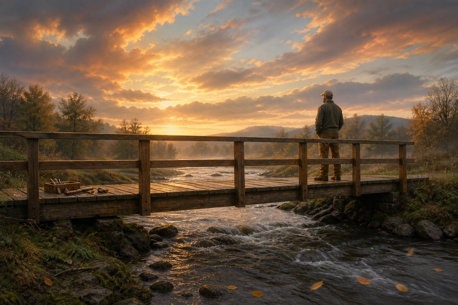 A person steps back from a fully repaired footbridge while the river and wind continue through the evening landscape.