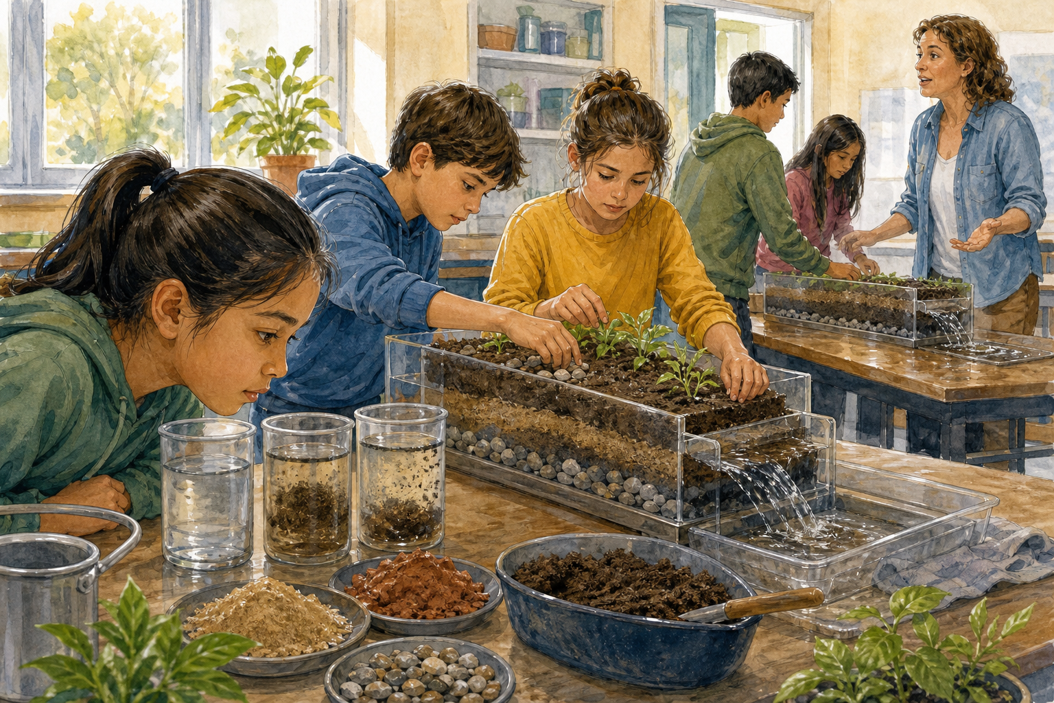 Students observe soil drainage, build a small channel, inspect an overflow, and revise their design in one classroom lesson.