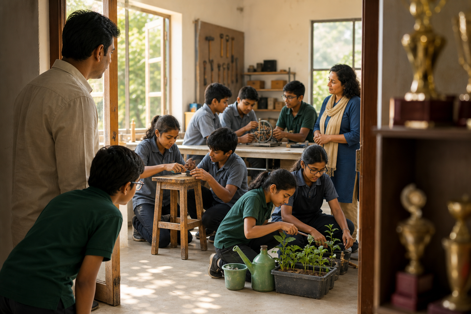 A parent and child observe students repairing, gardening, and solving problems during a school visit.