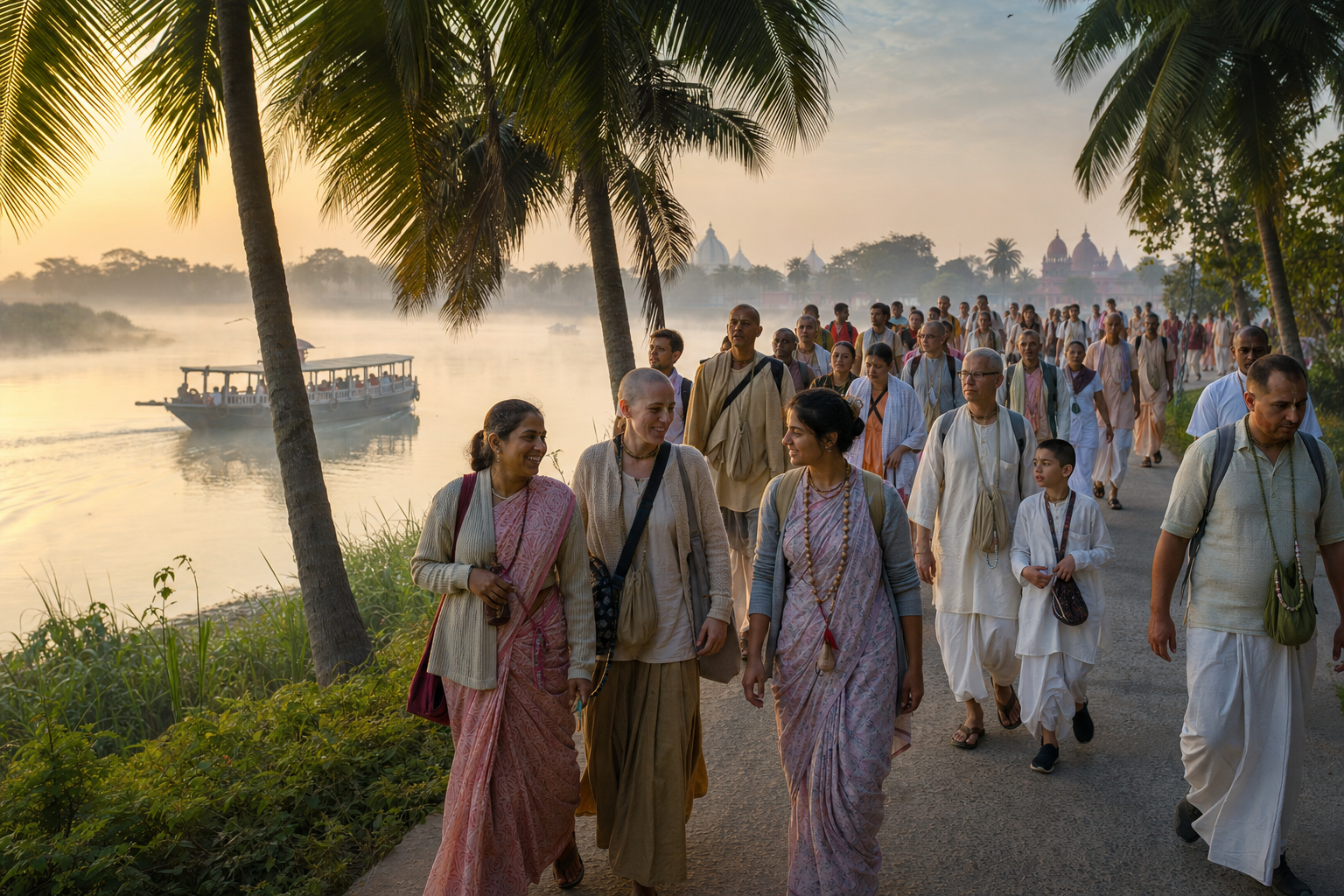 Vaishnava pilgrims walking beside a misty river in Mayapur at dawn, with palm trees, a passenger boat, and temple domes in the distance.