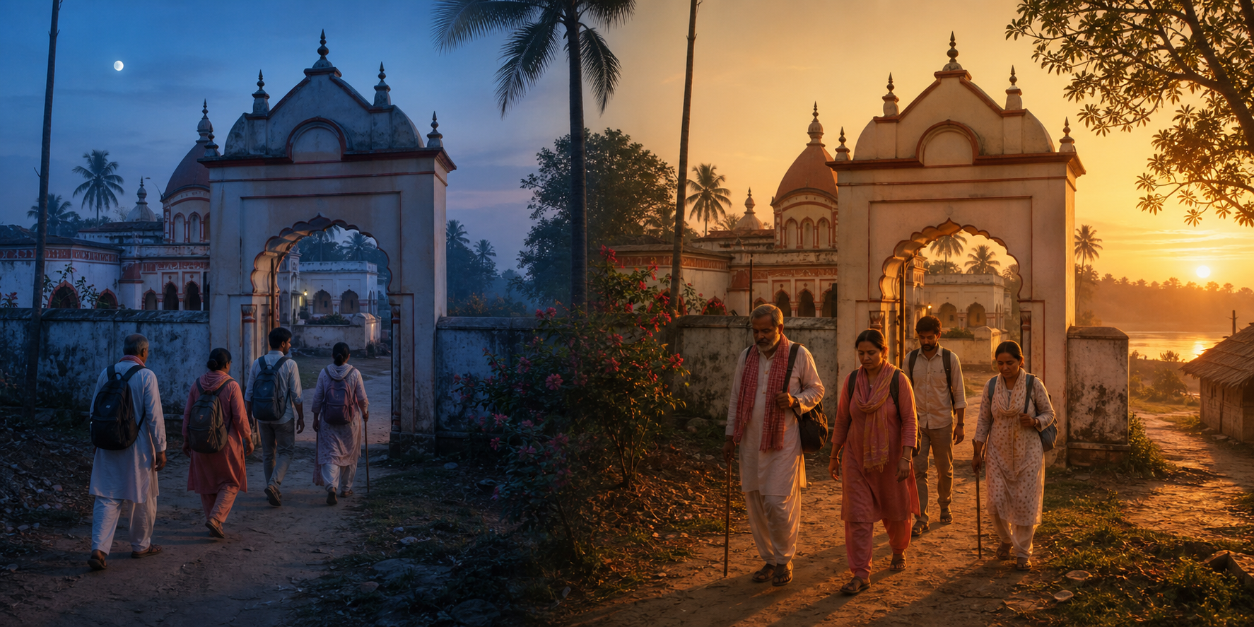 Two-part illustration of pilgrims leaving a temple campus before sunrise and returning to the same campus in late-afternoon light.