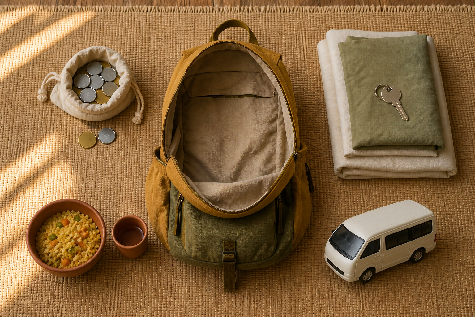 Overhead arrangement of a money pouch, guesthouse key, folded bedding, meal bowl, small vehicle model, and daypack representing separate pilgrimage expenses.