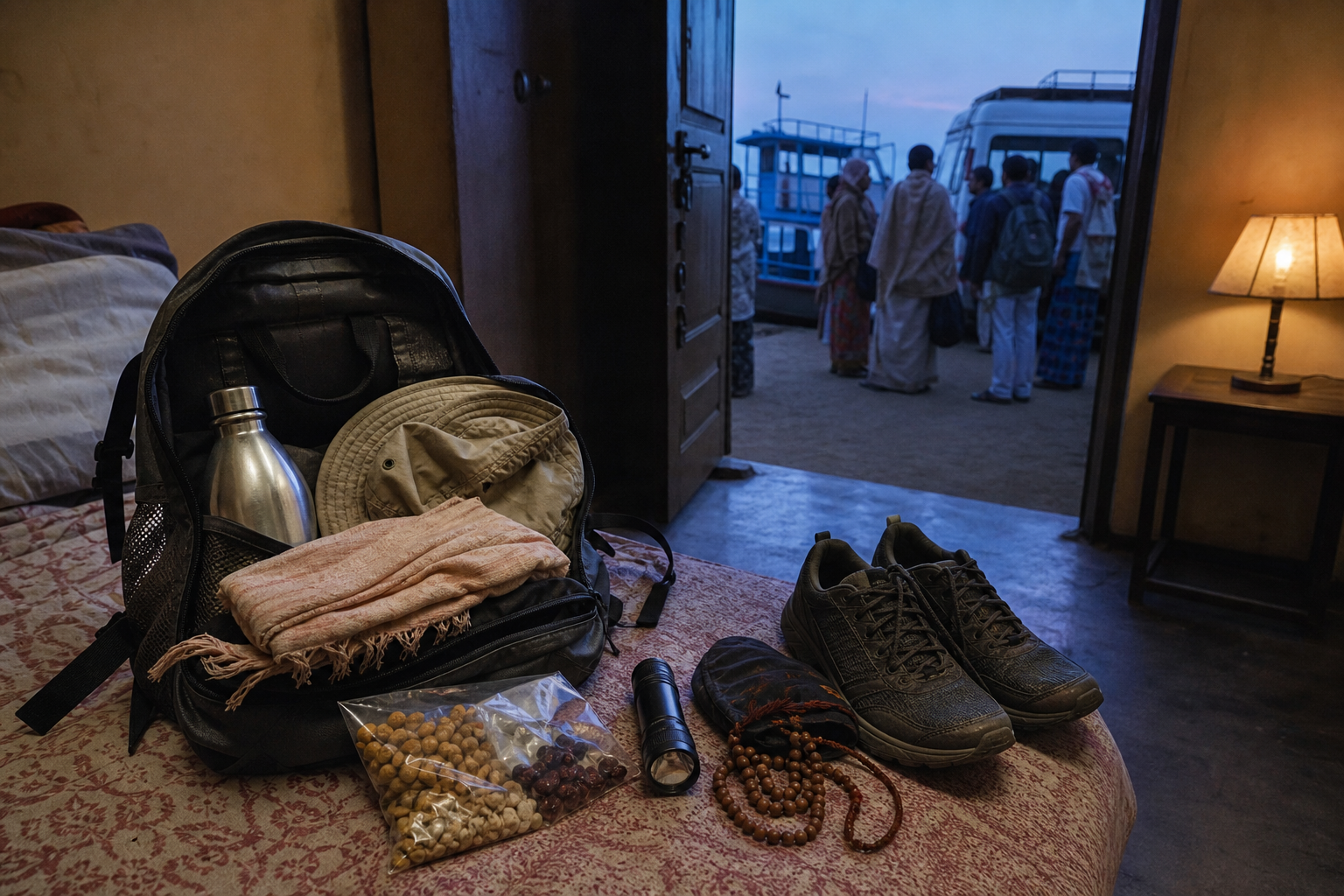 A pilgrim packing a daypack with water, a hat, a shawl, snacks, a flashlight, and prayer beads while a boat and shared vehicle wait outside before dawn.