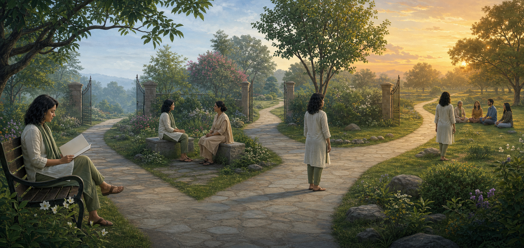 A person moves at their own pace along an open garden path from private reading and conversation to a small welcoming circle.